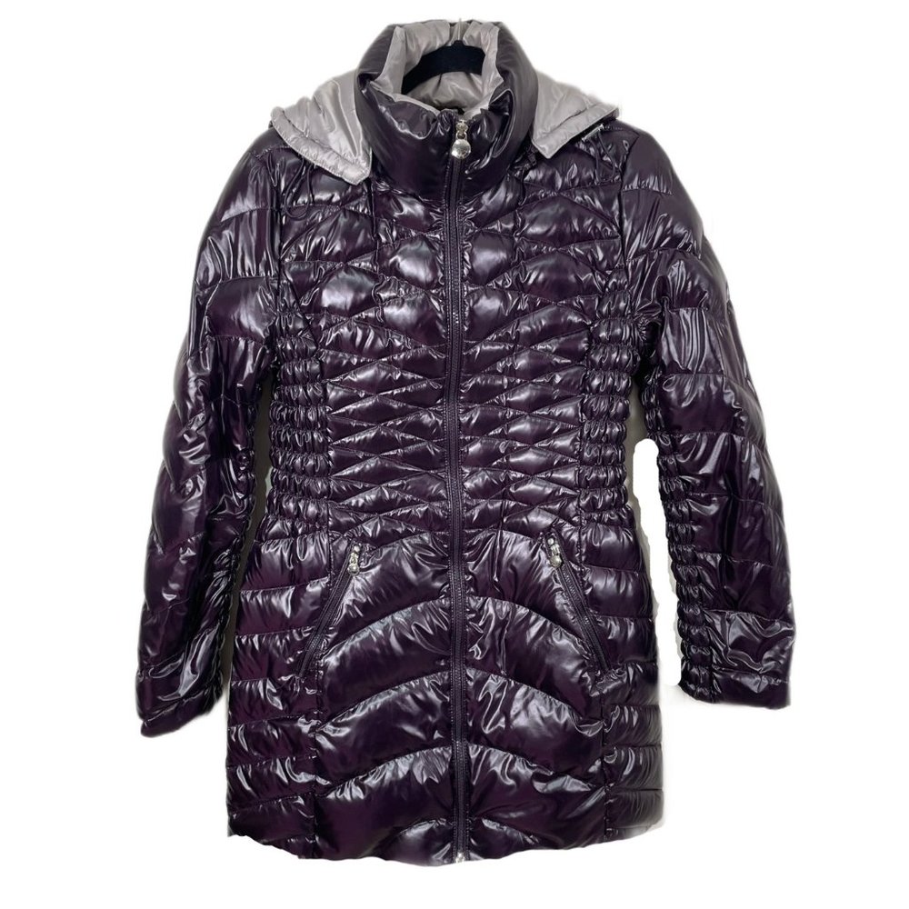 Laundry By Shelli Segal Shine Hooded 50% Down Puffer Coat Size M Eggplant Color